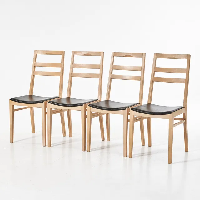 KRISTIAN ERIKSSON. stolar, 4 st, "Lansa", för G.A.D (Gute art design), vitoljad stomme med sitsar i svart skinn.