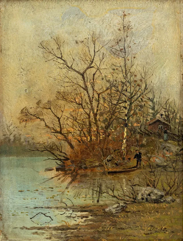 EDVARD DIRIKS (1855-1930). Landskapsmotiv, olja på pannå, signerad.