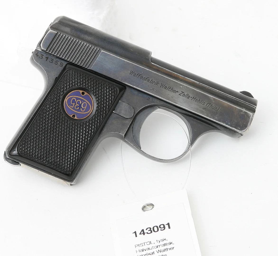 PISTOL, tysk, Halvautomatisk, fabrikat Walther Zella-Mehlis, modell 9, kaliber 6,35mm, tillv.nr 431359, se-nr SE1394499. — Pistols — Mauritz Widforss