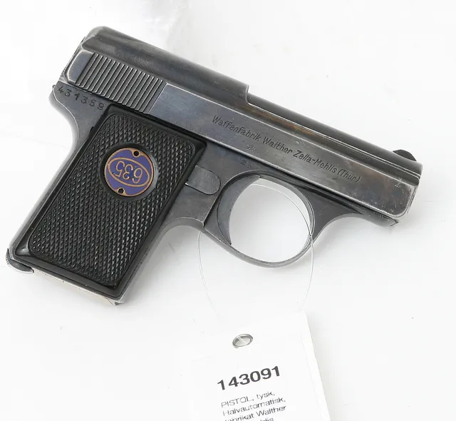 PISTOL, tysk, Halvautomatisk, fabrikat Walther Zella-Mehlis, modell 9, kaliber 6,35mm, tillv.nr 431359, se-nr SE1394499.
