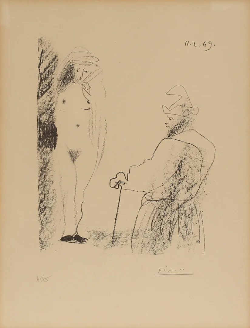 PABLO PICASSO. Litografi, "Femme nu et Homme à la canne", signerad och numrerad 41/125. — Engravings & Prints — RA Auktionsverket Norrköping