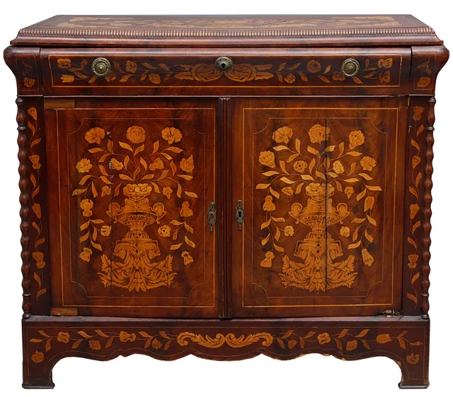 Dutch mahogany dining service side cabinet with floral boxwood marquetry, early decades of the 20th century.
