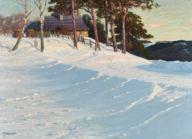 PAUL WEIMANN (Polen, 1867-1945), Solbelyst vinterlandskap, signerad, olja på duk.