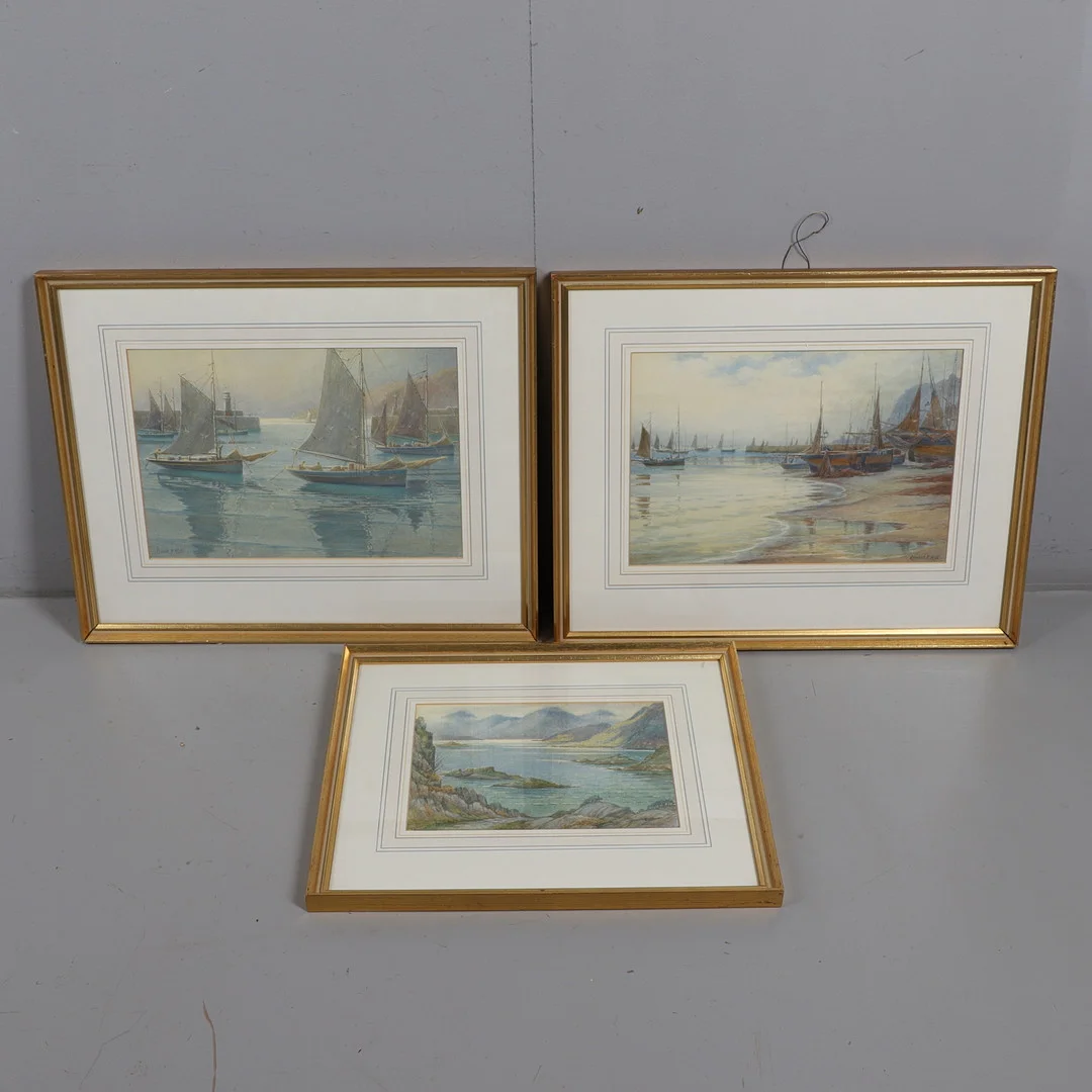 ERNEST F. HILL (1873-1960). BOATS AT ST IVES; BEACH SCENE WITH FISHING BOATS; LOCH SCENE. — Drawings — Lawrences Auctioneers