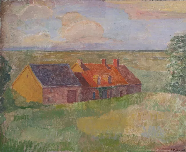 SIGURD MÖLLER. OLJA PÅ DUK, HUS I LANDSKAP, SIGNERAD & DATERAD -43.