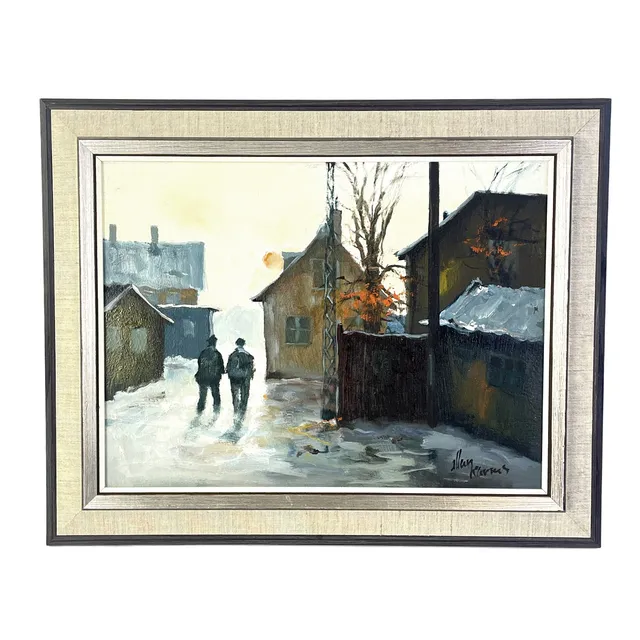 ALLAN KARMS (1933-2021, Danmark), olja på duk, På väg mellan husen, signerad.