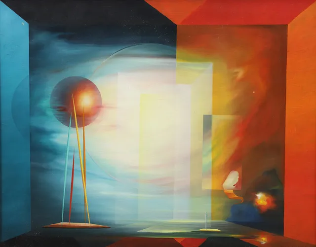STEN AHLBERG. "Kosmisk pejling IV", olja på duk, signerad.
