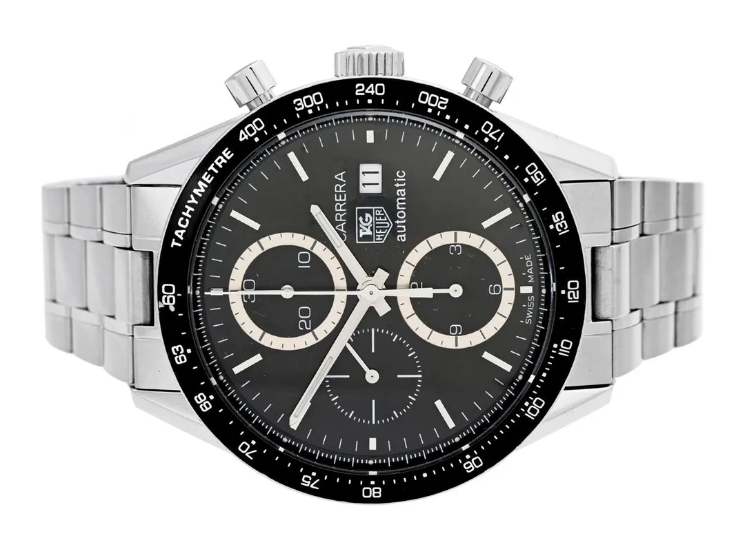TAG HEUER, Carrera, "Tachymetre", Cal 16 (ETA 7750), Serie nr. LB3503, Ref nr. CV2010.BA0786, Boett nr. CV2010, kronograf, herrur, 41 mm, stål, automatisk, safirglas, datum, glasbaksida, originallänk, viklås, Ref nr. FAA018-Y-R3/3101 Y, ca 2005, serviceetui. — Klockor/Tag Heuer — Kaplans
