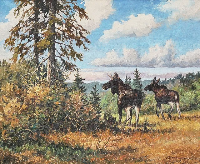 ROLF HALLENGREN. Oljemålning, signerad, älgar, duk.