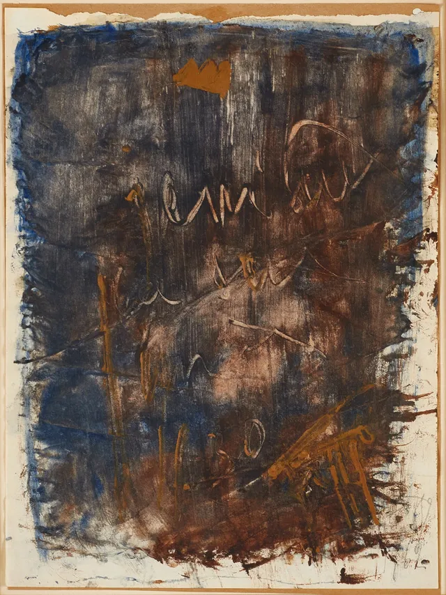 EDDIE FIGGE (SVERIGE, 1904–2003). "Lettre I", signerad och daterad -62, blandteknik på papper. Utställningsetikett a tergo; Svenska Institutet.