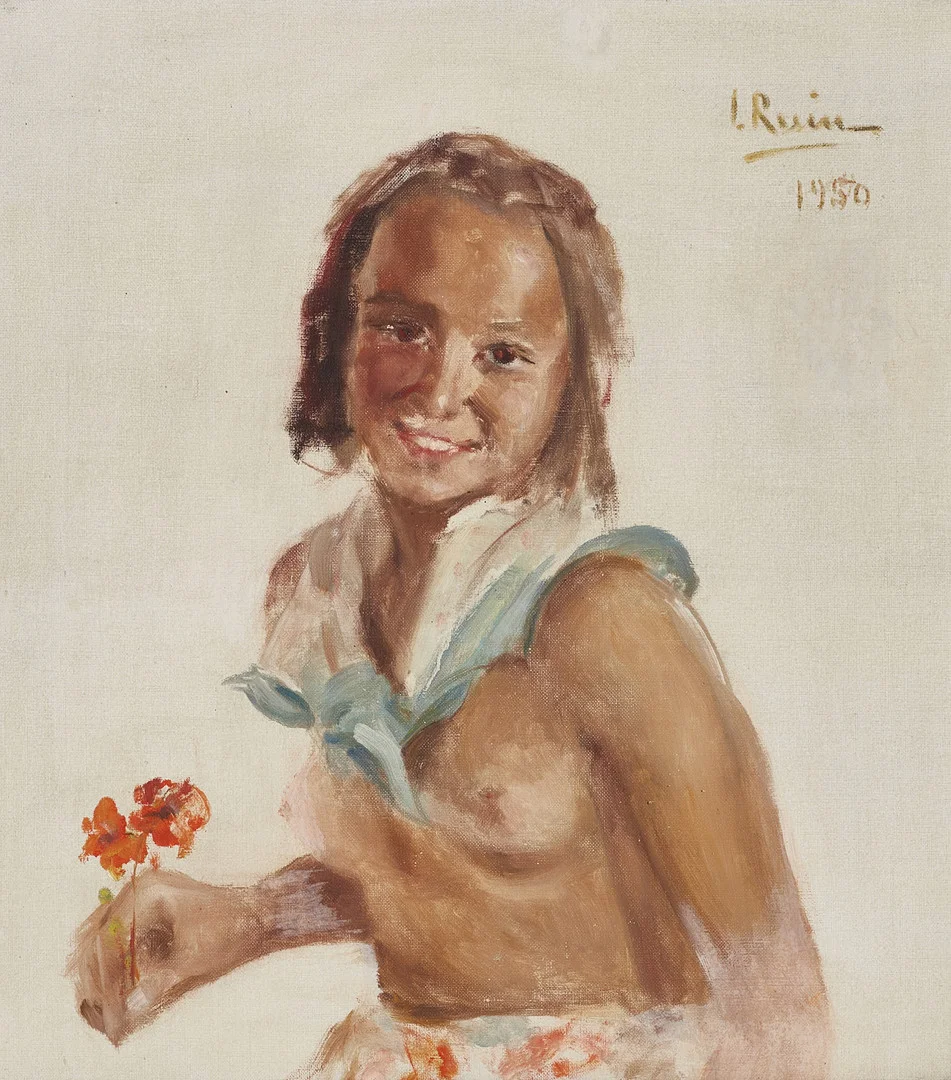 INGRID RUIN (Finland, 1881-1956). Flicka med röd blomma, signerad och daterad I. Ruin 1950. — Paintings — Crafoord Auktioner Stockholm