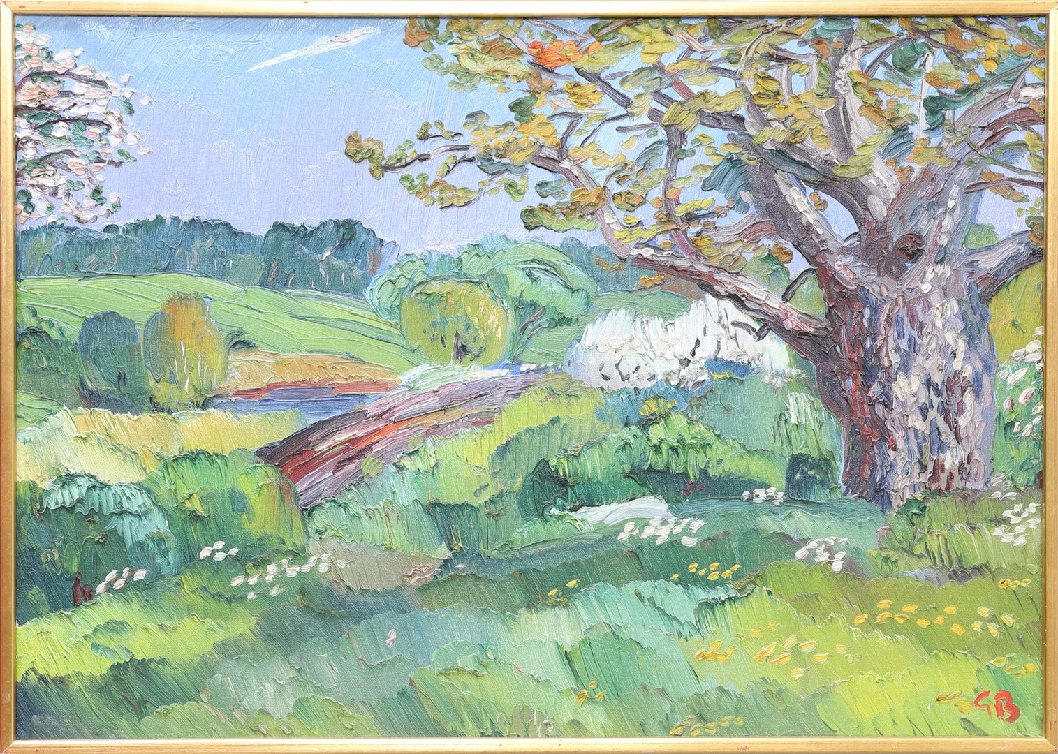 GÖRAN BRUNIUS. "Vid Hustega i Maj", olja på duk, monogramsignerad GB. — Paintings — Gomér & Andersson Nyköping