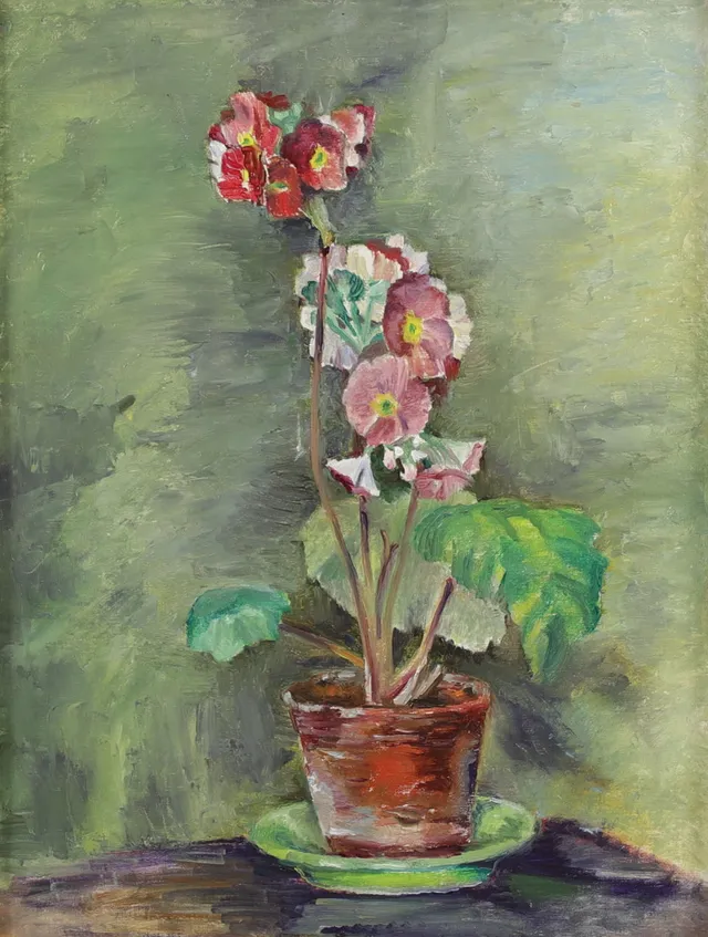Stilleben med primula, olja på duk.