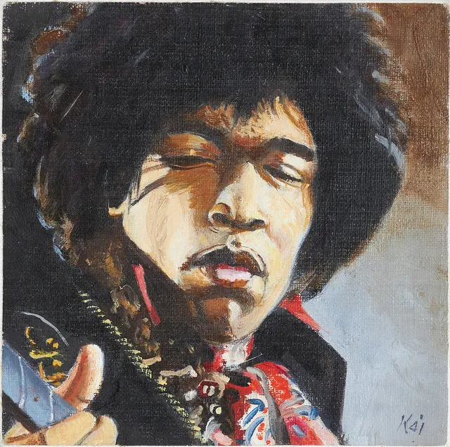KAJ BERNSTONE. "Jimi- BBC Studios march 67", olja på duk, uppfordrad på duk, signerad.