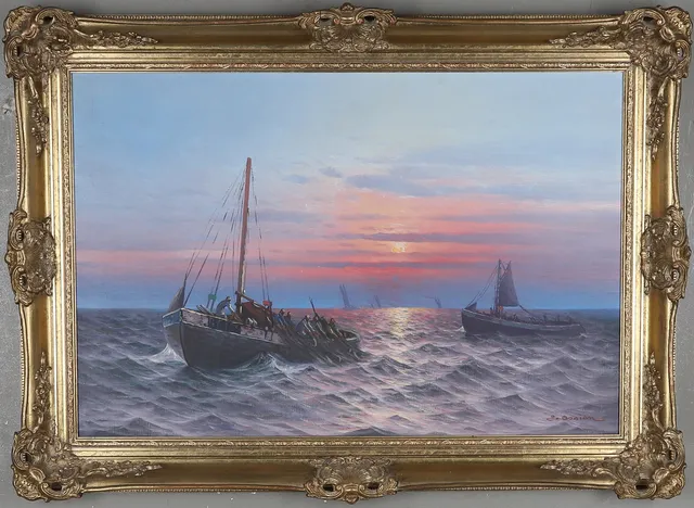 JOHAN OSSIAN ANDERSSON. (1889–1975). segelbåtar i skymning, olja på duk. signerad.