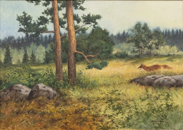 ROLF HALLENGREN (1932-2009). Räv i skogslandskap, olja på duk, signerad.
