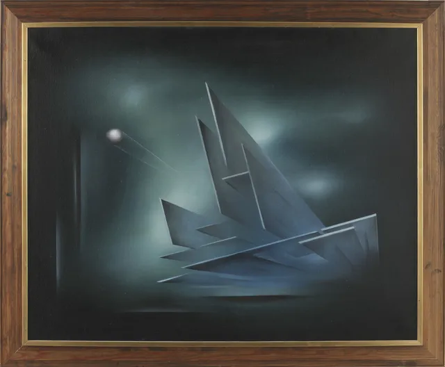 LARS SJÖSTRÖM. Olja på duk, signerad. "Kosmisk konstruktion II".