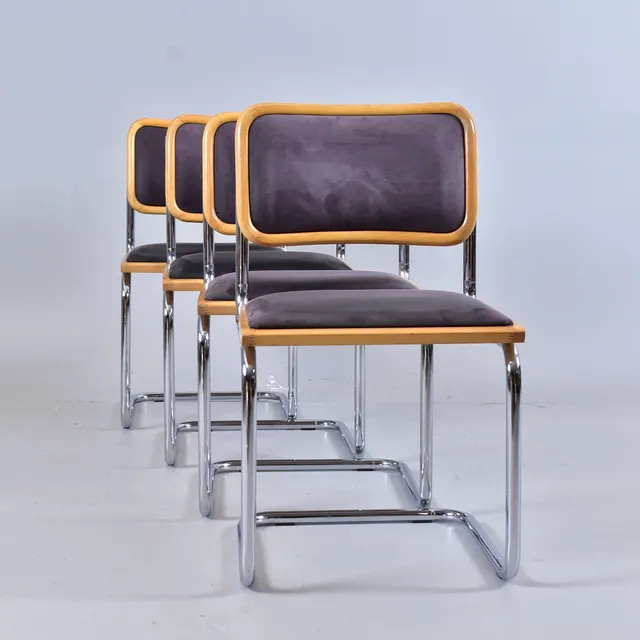 MARCEL BREUER. efter honom, stolar 4 st, krom stoppad mockaklädsel.