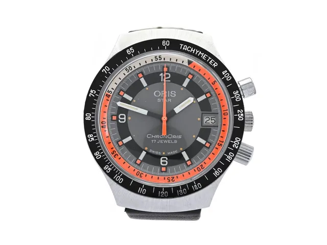 ORIS, Star, ChronOris, "Tachymeter", Cal 725, kronograf, herrur, 38 mm, vitmetall, manuell, plexiglas, datum, vridbar innerring, läderband, ca 1970, box.