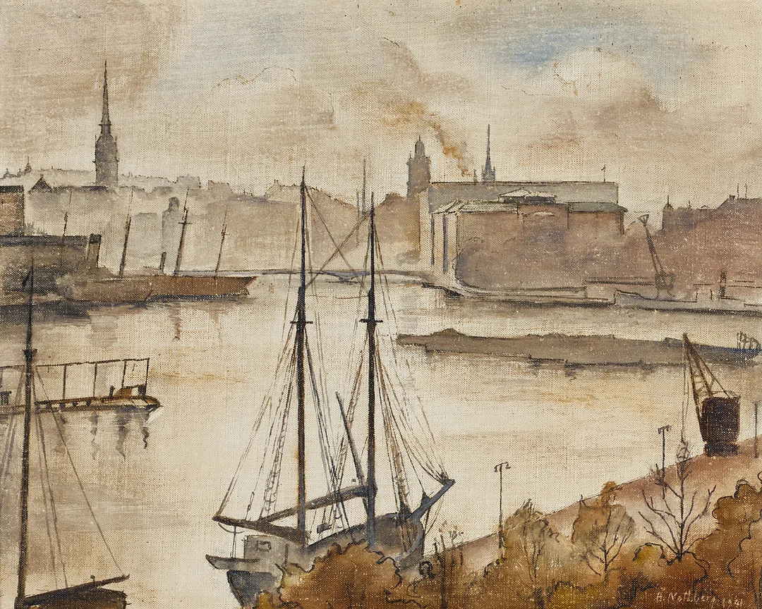 ÅKE NOTHBERG (1893-1973), Vy över Nationalmuseet och gamla stan från Strandvägen, olja på duk, ställd på pannå. — Paintings — Crafoord Auktioner Stockholm
