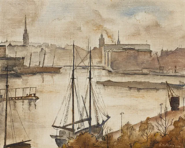 ÅKE NOTHBERG (1893-1973), Vy över Nationalmuseet och gamla stan från Strandvägen, olja på duk, ställd på pannå.