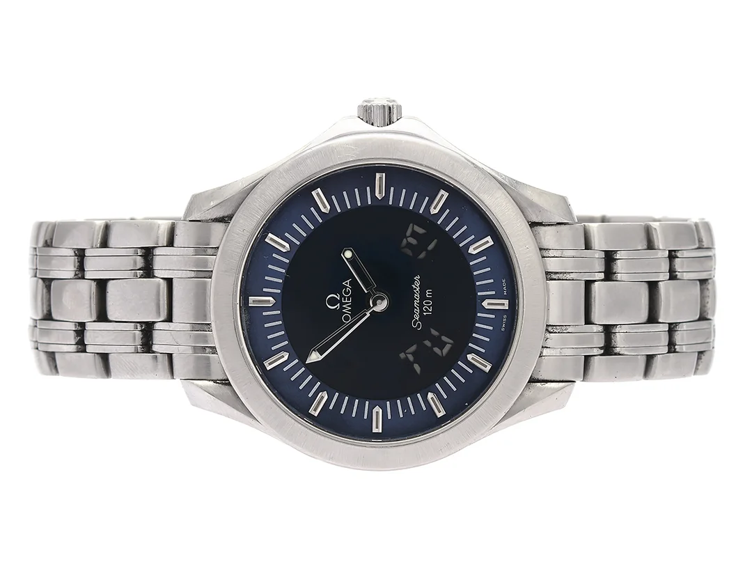 OMEGA, Seamaster, 120 m, Multifunction, Serie nr. 56530195, PIC nr. 2521.81.00, Ref nr. ST 386.1501, Boett nr. 186.1501/386.1501, herrur, 38,5 mm, analog/digital, stål, quartz, safirglas, skadad urtavla, ej signerat urverk, originallänk, viklås, Ref nr. 1501/823, ca 1999, box (skadad). — Klockor/Omega — Kaplans