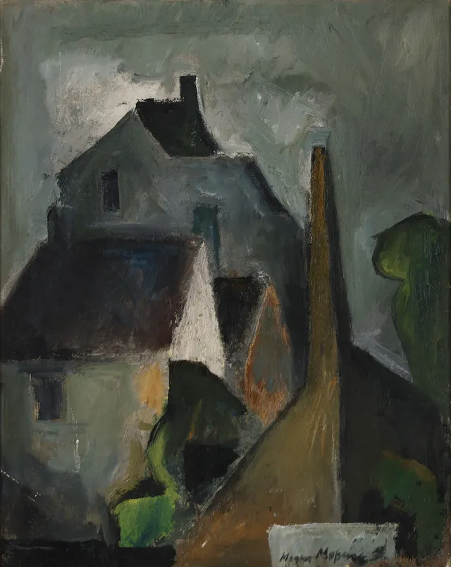 UBEKENDT KUNSTNER. Komposition med bygninger, olie på lærred, signeret, 1920'erne.
