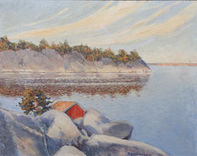 AUGUST LUNDBERG. Olja på pannå, skärgårdsmotiv, signerad.