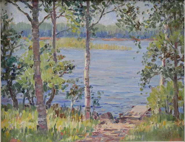 KARIN KARLSSON. Olja på duk, Landskap vid vatten, signerad, daterad 1942.