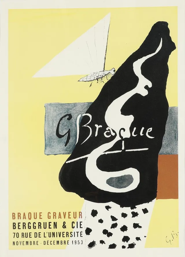 “Braque Graveur, Berggruen & Cie”, Exhibition poster. Signed in the print. Later reprint. Offset in colours. Visible size 71 × 49 cm.