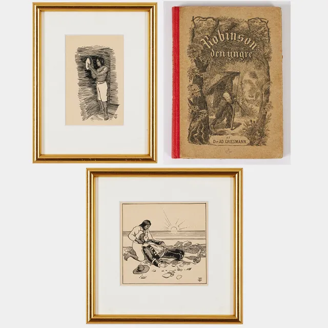 GERDA TIRÉN. 2 illustrationer till "Robinson Crusoe" (utgiven av Barnbiblioteket Saga 1898).