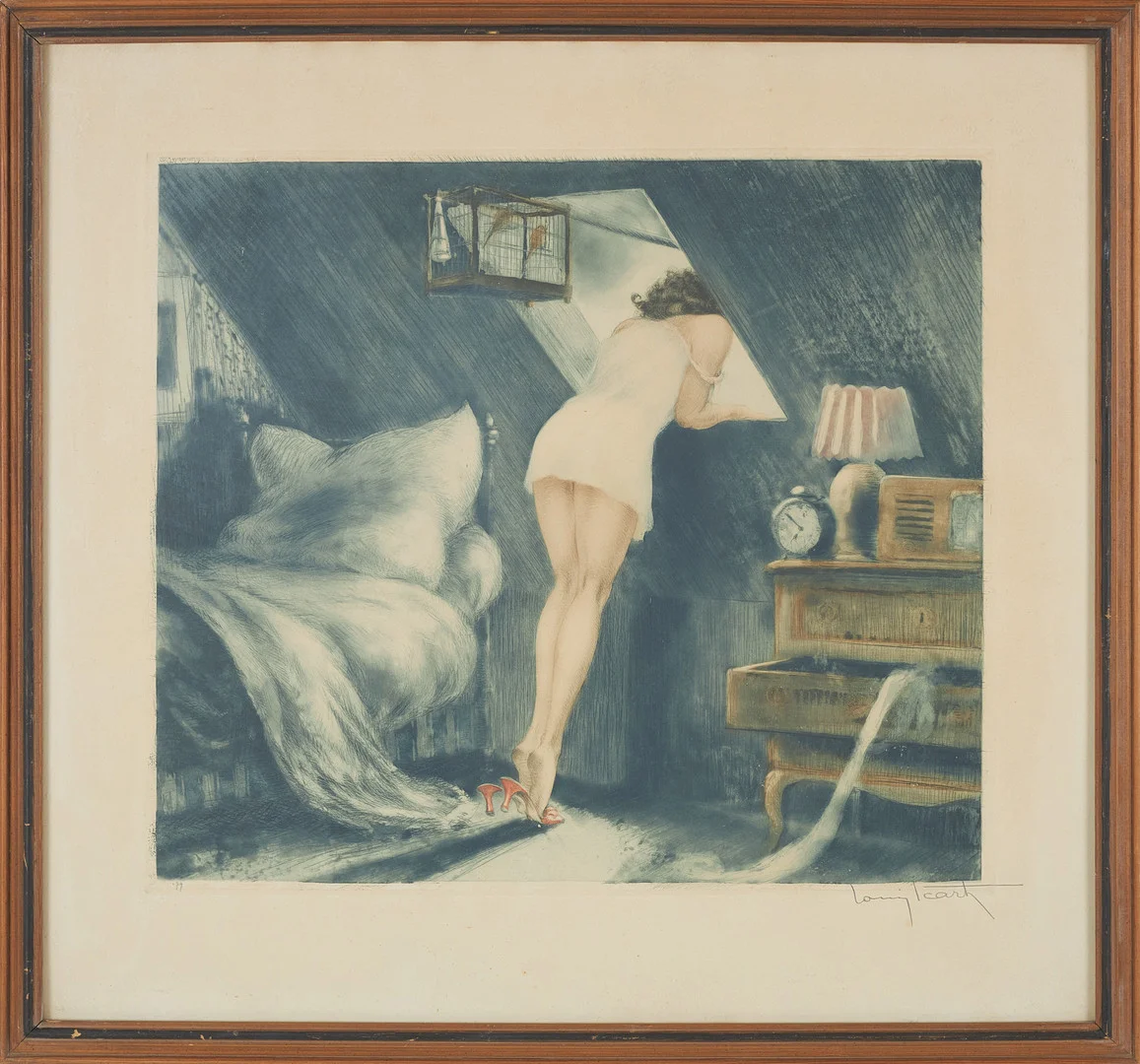 LOUIS ICART (1888-1950). "Attic Room", 1940, etsning, signerad. — Engravings & Prints — Stockholms Auktionsverk Sickla