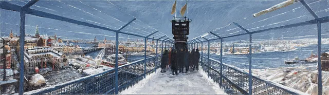 BO LARSSON. Hissen (utsikt från Söder mot Gamla Stan), olja på duk, 29 x 97 cm.