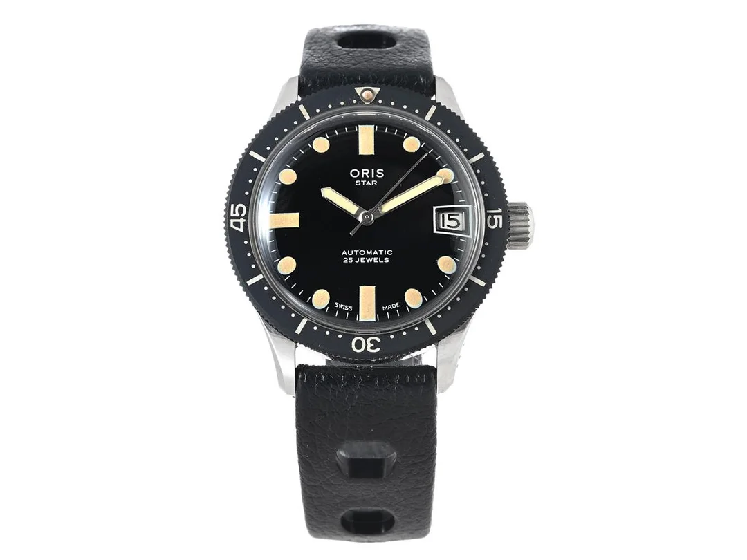ORIS, Star, "Compressor Case", Cal 645 (KIF), Ref nr. 3453/5, herrur, 36,5 mm, stål, automatisk, plexiglas, datum, gummiband (Tropic Sport), ca 1970, box. — Klockor/Oris — Kaplans
