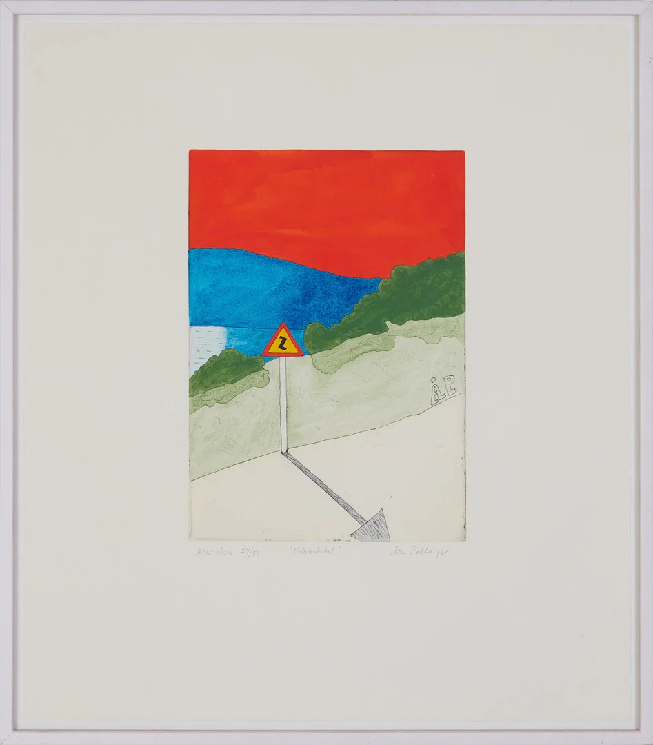 ÅKE PALLARP. "Vägmärket", akvarellerad etsning, signerad Åke Pallarp, monogramsignerad i plåten, numrerad 24/50. — Engravings & Prints — Stockholms Auktionsverk Magasin 5