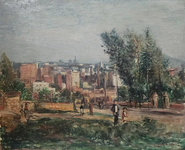 JOAN COMMELERAN. "Paissatge urbà, 1934", óleo sobre lienzo.