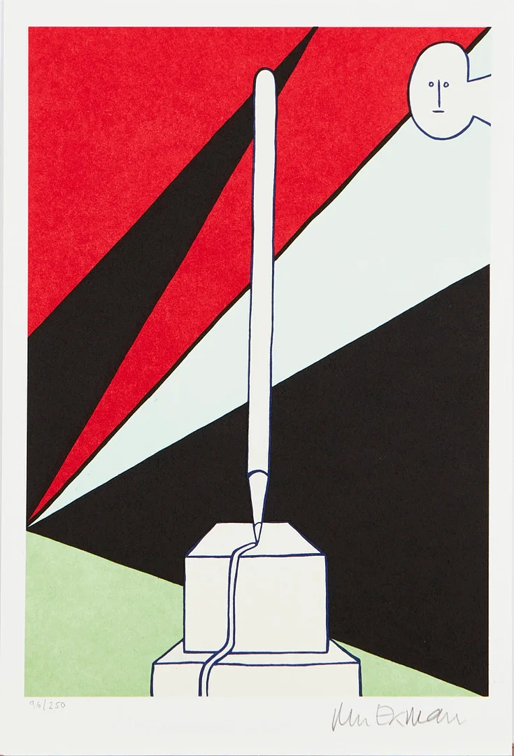 MARIE-LOUISE EKMAN (FÖDD 1944). "Gränsöverskridande penna-monument, nyfiken Picassodam och en Olle Baertling-målning", färglitografi. — Engravings & Prints — Stockholms Auktionsverk Magasin 5