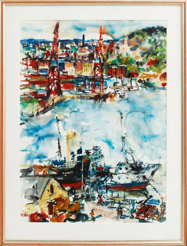 YNGVE STÉEN. Göteborgs hamn, akvarell, signerad.