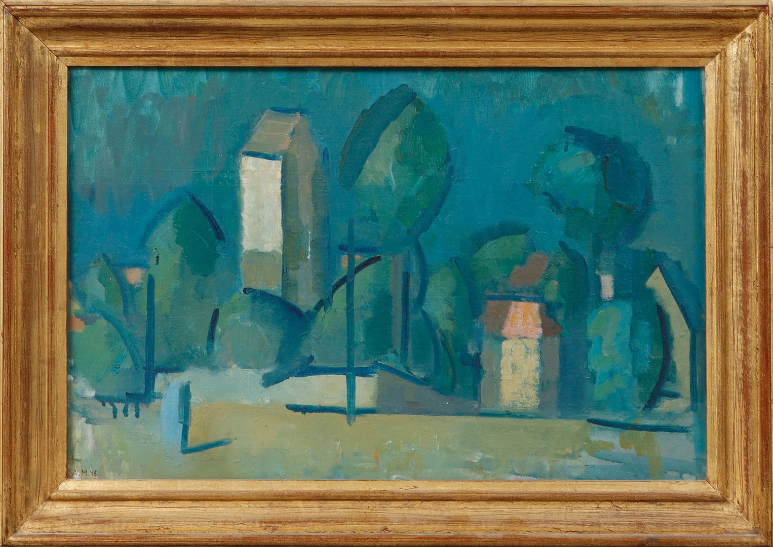 ARNE MALMBORG. "Bybild med kyrktorn", olja på duk, signerad och daterad 48. — Paintings — Göteborgs Auktionsverk