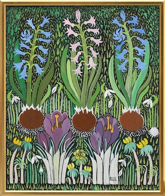 JETTE STOLTZ. Olja på duk, signerad Jette Stoltz, motiv av hyasint och krokus.