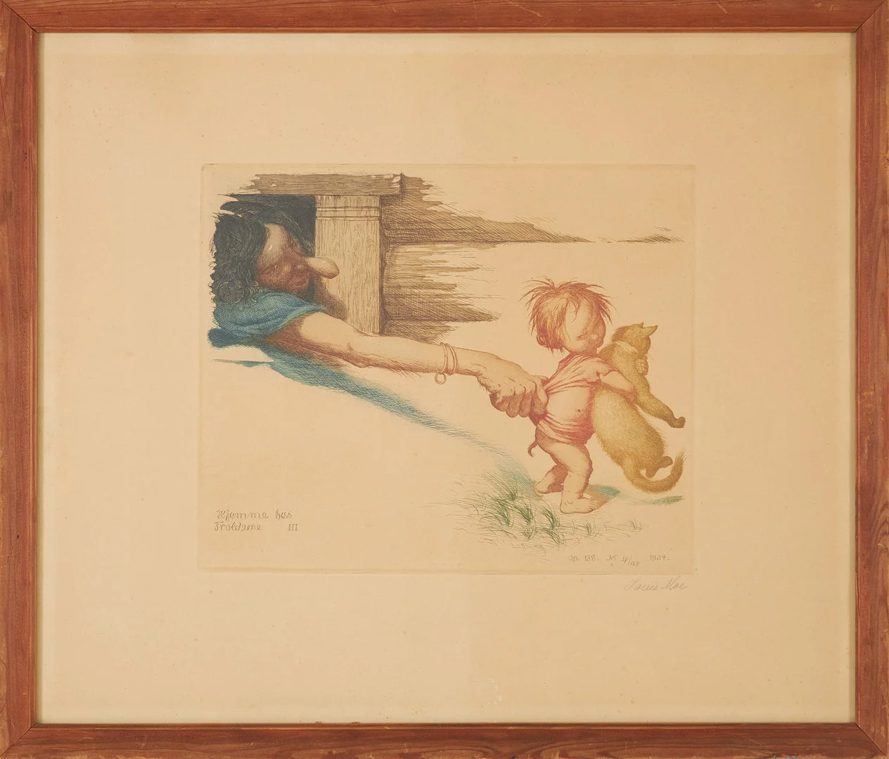 LOUIS MOE. (1857-1945 Norge) "Hjemme hos trolderne III", färgetsning, signerad, numrerad 54/150, daterad 1934. — Engravings & Prints — Stockholms Auktionsverk Sickla