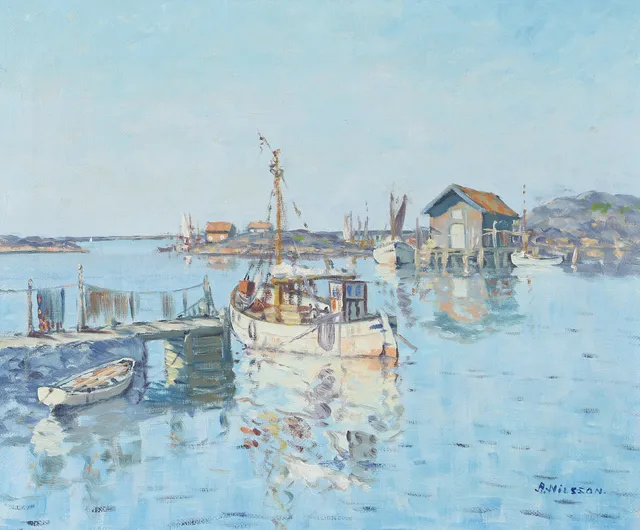 ALGOT NILSSON. Fiskehamn i skärgården, olja på duk, signerad A. Nilsson.