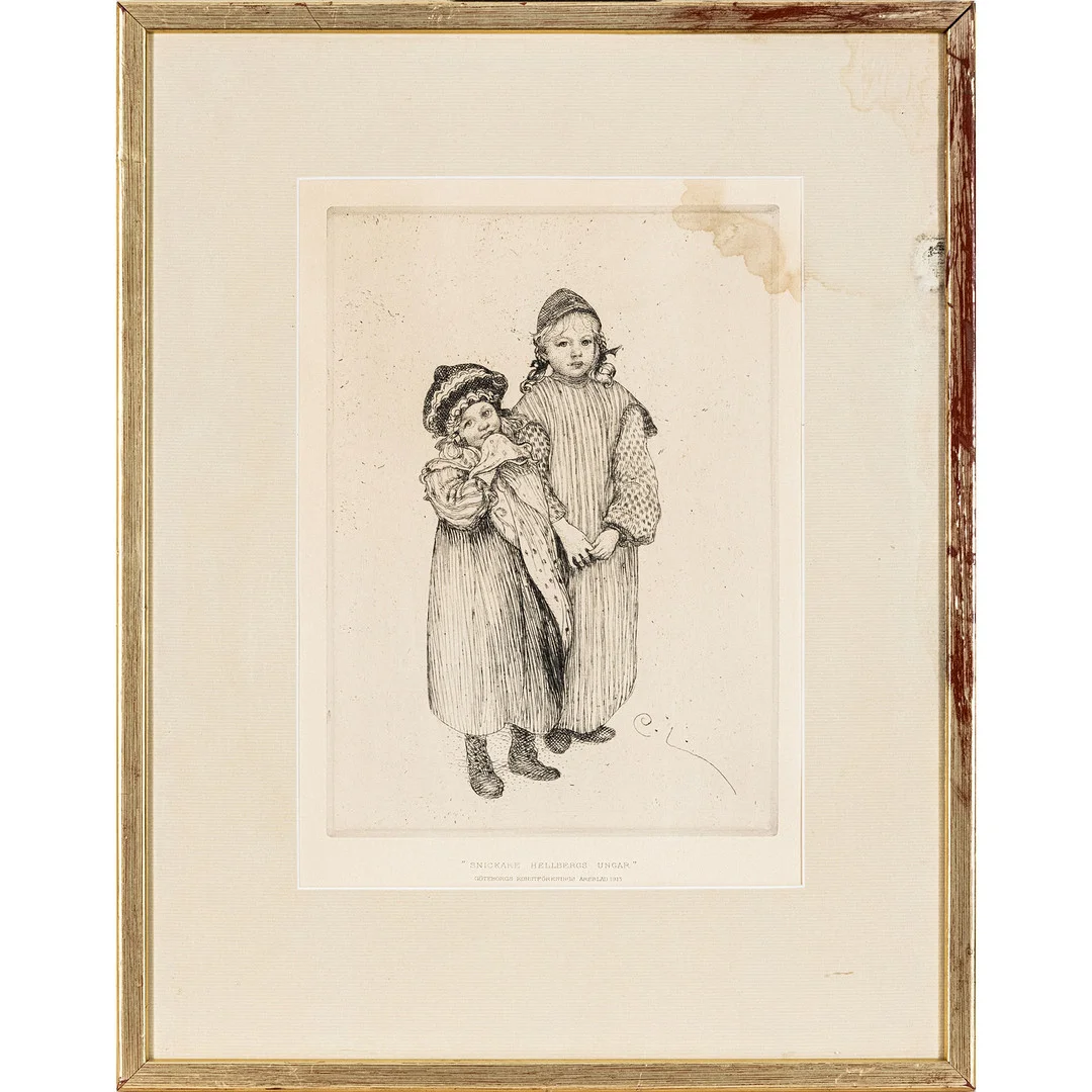 CARL LARSSON. "Snickare Hellbergs ungar" etsning, signerad i plåten. — Engravings & Prints — Stockholms Auktionsverk Göteborg
