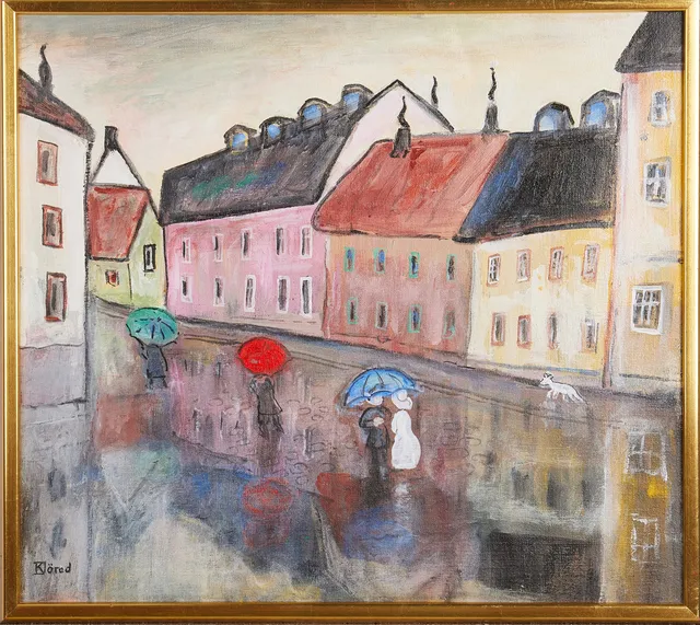 KRISTINA JÖRED (1913-2003). Paraplyväder, olja på duk, signerad K Jöred.