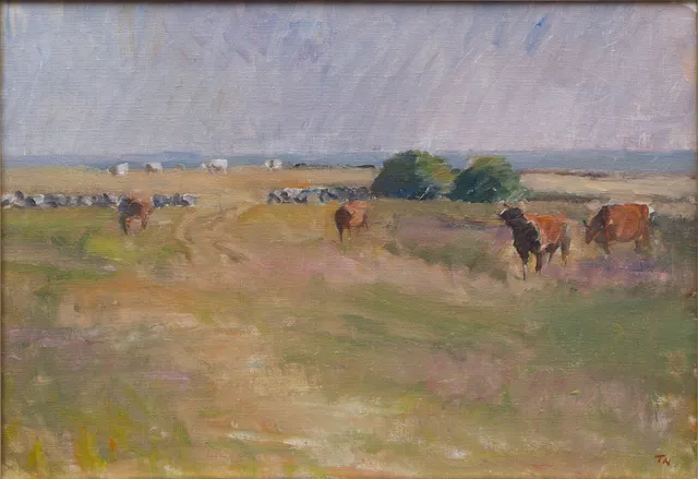 TAGE E NILSSON. OLJA på duk, Strandängar med kor, signerad, 1900-tal.