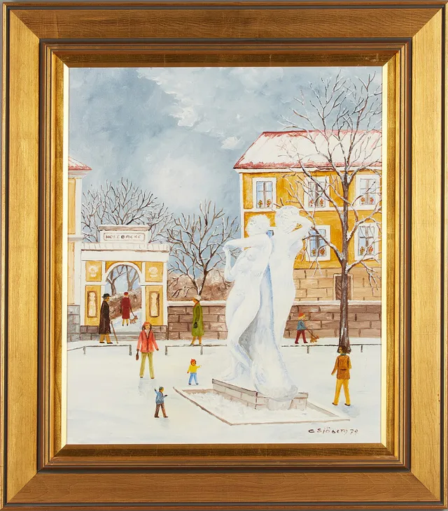 CURT SJÖBERG. Mosebacke torg - Stockholm i vinterskrud, signerad och daterad 79, olja på duk.