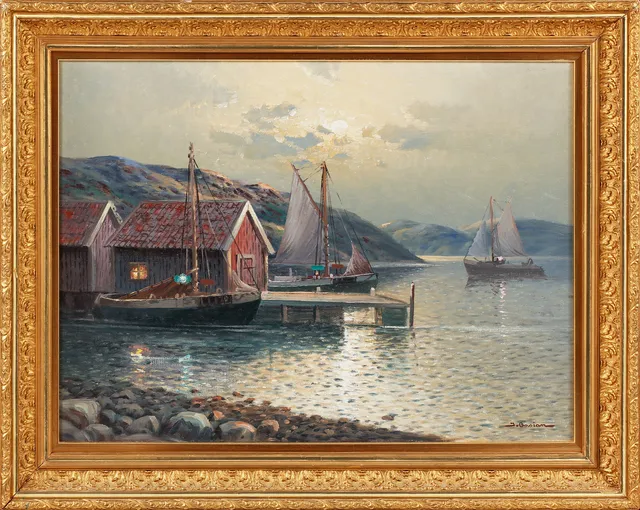JOHAN OSSIAN ANDERSSON. Fiskebodar i månsken, olja på duk signerad.