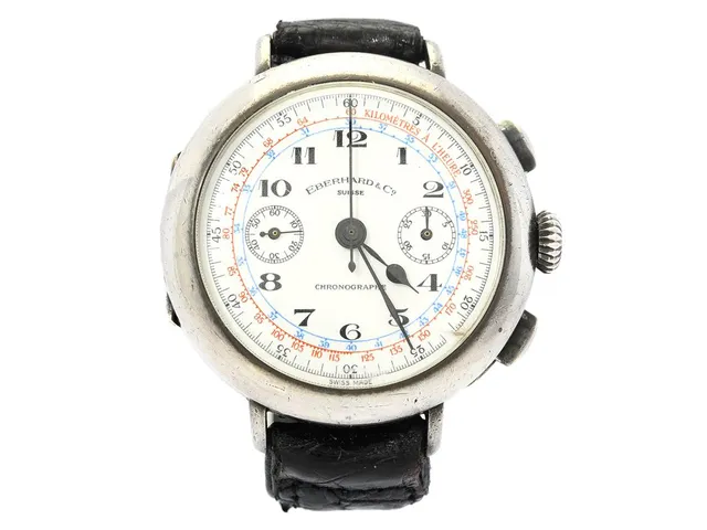 EBERHARD & Co, Suisse, Chronographe, Cal 310-82, Ref nr. 31008, Boett nr. K/107, kronograf (defekt), herrur, 38 mm, silver (925), manuell, plexiglas, emaljurtavla, skadad urtavla, läderband, cert (ej komplett), ca maj 1984, box (ej komplett).