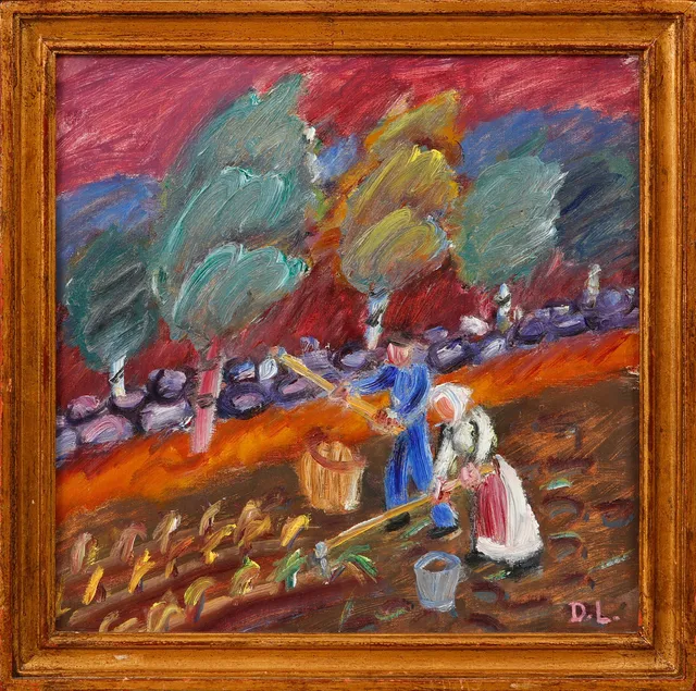 DAVID LARSSON. "Potatisplockare", olja på pannå, monogramsignerad, stämpelsignerad och daterad 1941 a tergo.