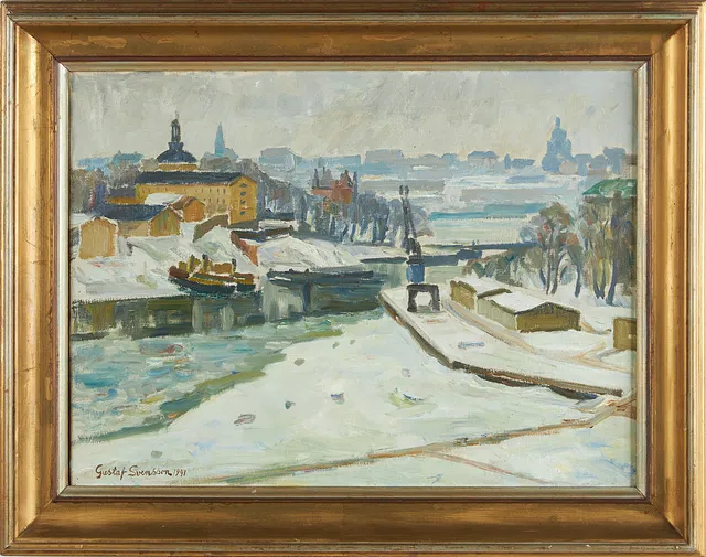 GUSTAF SVENSSON. Stockholmsmotiv, utblick över skeppsholmen, olja på duk, signerad och daterad 1949.